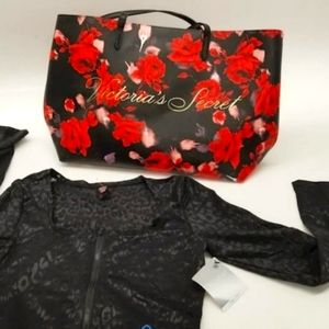 NWT VICTORIA'S SECRET SHEER BLACK LEOPARD SHRUG CARDIGAN AND VS TOTE PUR…